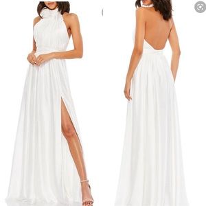 Mac Duggal White Rosette Halter Slit Maxi Gown Dress 14
